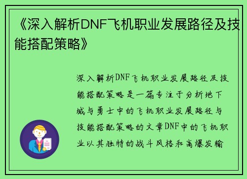《深入解析DNF飞机职业发展路径及技能搭配策略》