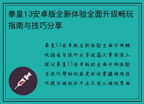 拳皇13安卓版全新体验全面升级畅玩指南与技巧分享