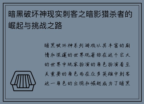 暗黑破坏神现实刺客之暗影猎杀者的崛起与挑战之路