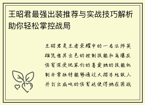 王昭君最强出装推荐与实战技巧解析助你轻松掌控战局
