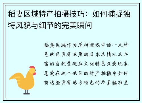 稻妻区域特产拍摄技巧：如何捕捉独特风貌与细节的完美瞬间