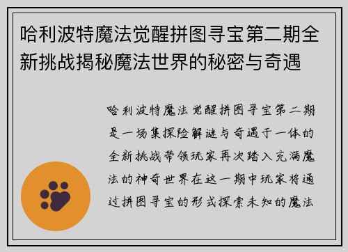 哈利波特魔法觉醒拼图寻宝第二期全新挑战揭秘魔法世界的秘密与奇遇